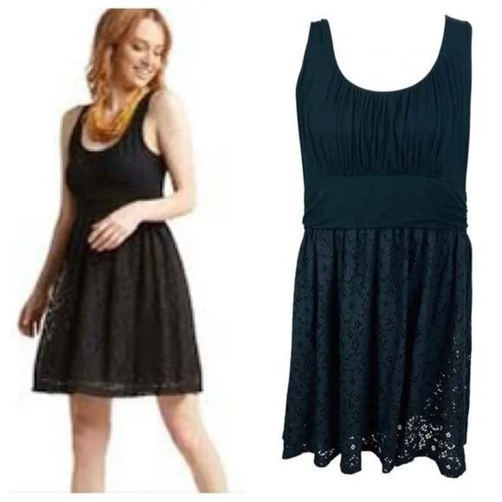 Navy Blue Sleeveless Scoop Neck Dress With Ruched Bodice & Lace Skirt By Maitai